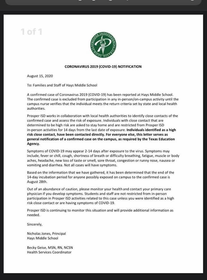 Prosper ISD Statement on COVID19